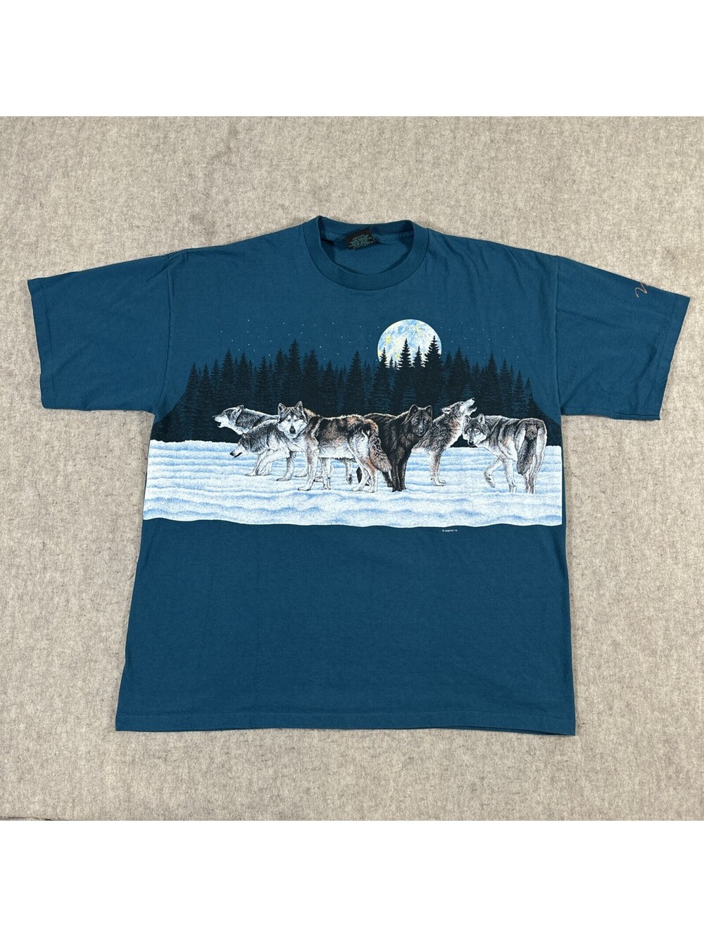 Vintage Wolf AOP Shirt Mens XL Graphic USA 90s Habitat Wraparound Blue